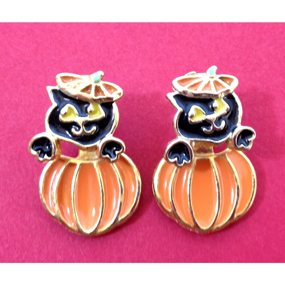 Vintage Halloween Enameled Stud Earrings Black Cat In Pumpkin by AIM